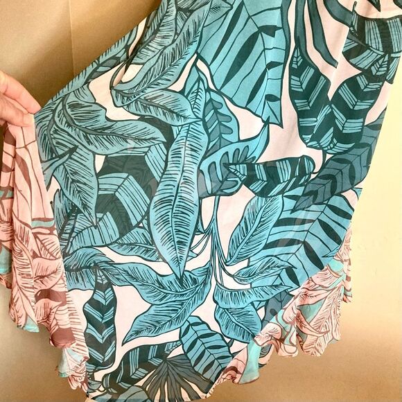 FARM Rio Ruffled Botanical Maxi Dress Contrasting Leaf Print Teal Pink Size LP - Picture 7 of 13